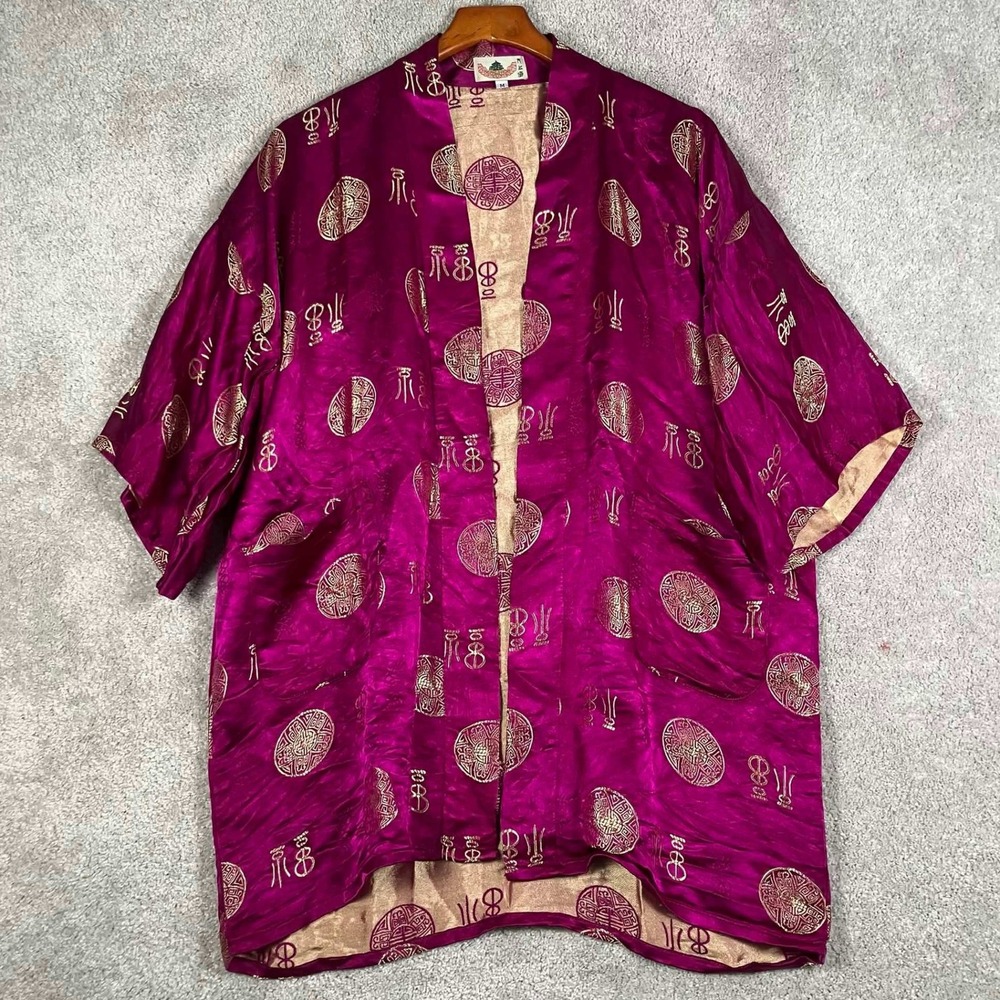 Shanghai Kimono Robe Mens Size M Magenta Gold Silk Brocade Chinese Symbols Haori
